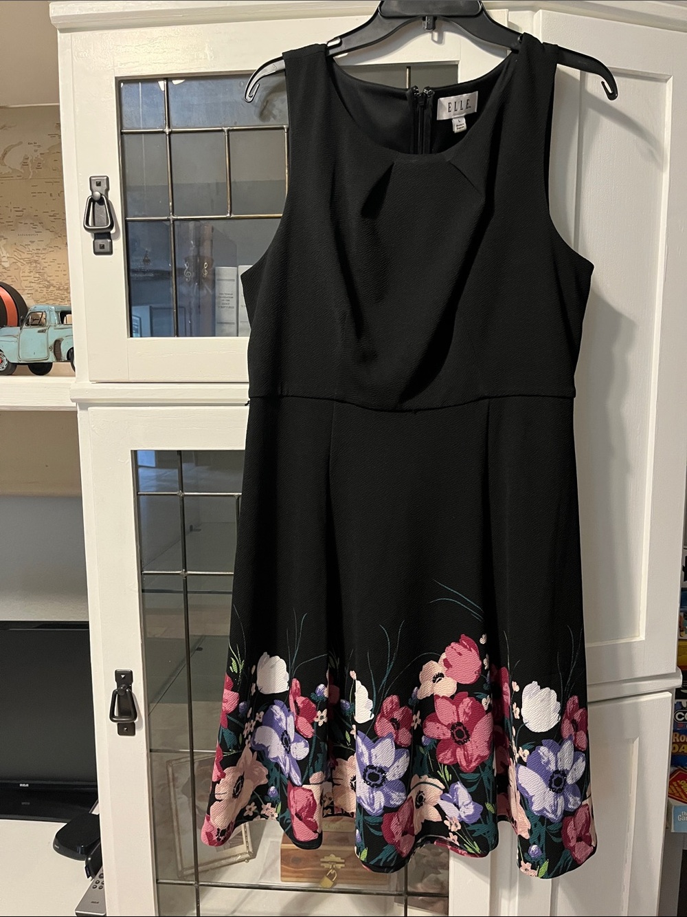 Elle Black Sleeveless Fit-and-Flare Dress with Pink & Purple Floral Hem